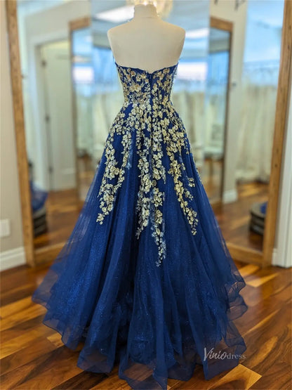 Blue Sparkly Tulle Prom Dresses with Floral Lace & Sweetheart Neck - FD5177