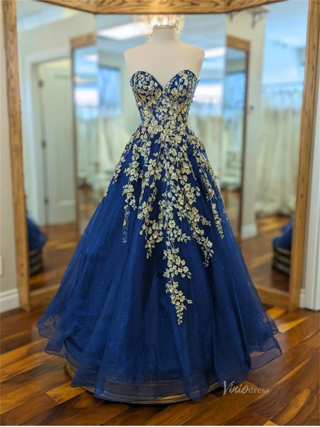 Blue Sparkly Tulle Prom Dresses with Floral Lace & Sweetheart Neck
