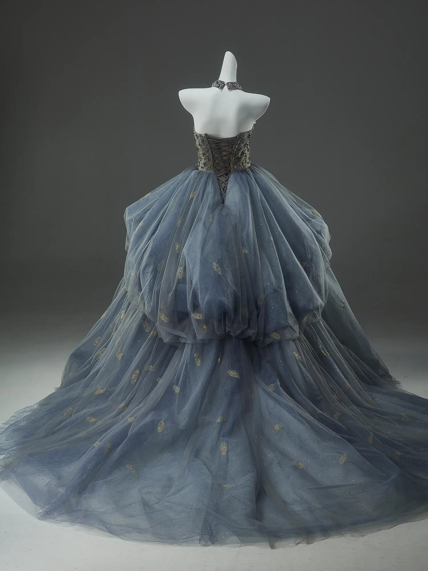Blue Sparkly Tulle Strapless Formal Gown with Rhinestone Bodice & Tiered Bottom - CQ0148-Couture Gown 2025 -Viniodress-Blue-Custom Size-