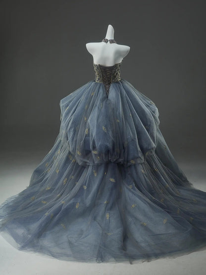Blue Sparkly Tulle Strapless Formal Gown with Rhinestone Bodice & Tiered Bottom - CQ0148-Couture Gown 2025 -Viniodress-Blue-Custom Size-
