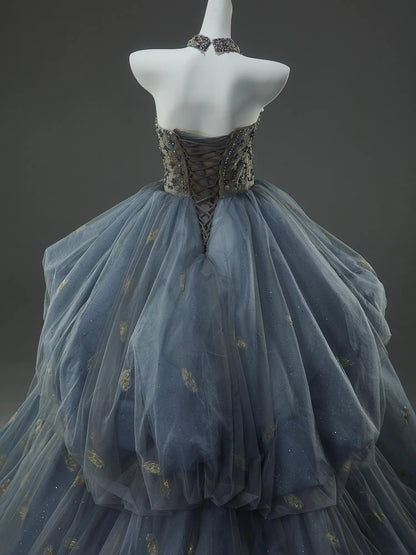 Blue Sparkly Tulle Strapless Formal Gown with Rhinestone Bodice & Tiered Bottom - CQ0148-Couture Gown 2025 -Viniodress-Blue-Custom Size-