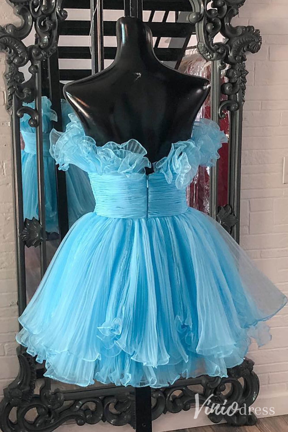 Blue Strapless Ruffled Hoco Dresses Pleated Organza A-Line Short Prom – Viniodress