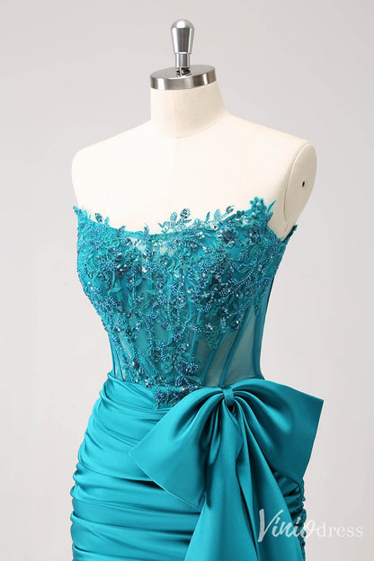 Blue Strapless Satin Bow Homecoming Dresses Sparkly Lace Applique Bodycon Dress S24005-prom dresses 2025 -Viniodress-Blue-Custom Size-
