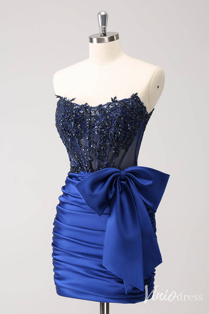 Blue Strapless Satin Bow Homecoming Dresses Sparkly Lace Applique Bodycon Dress S24005-prom dresses 2025 -Viniodress-Blue-Custom Size-