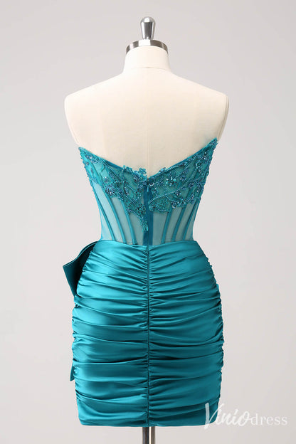 Blue Strapless Satin Bow Homecoming Dresses Sparkly Lace Applique Bodycon Dress S24005-prom dresses 2025 -Viniodress-Blue-Custom Size-