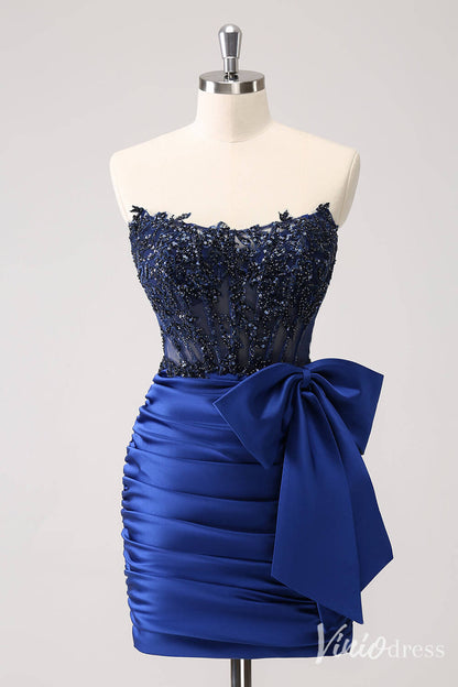 Blue Strapless Satin Bow Homecoming Dresses Sparkly Lace Applique Bodycon Dress S24005-prom dresses 2025 -Viniodress-Blue-Custom Size-