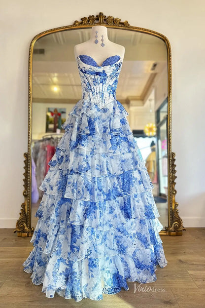 Blue & White Floral Prom Dress with Lace Sweetheart Neckline & High Slit – RF067 – Viniodress