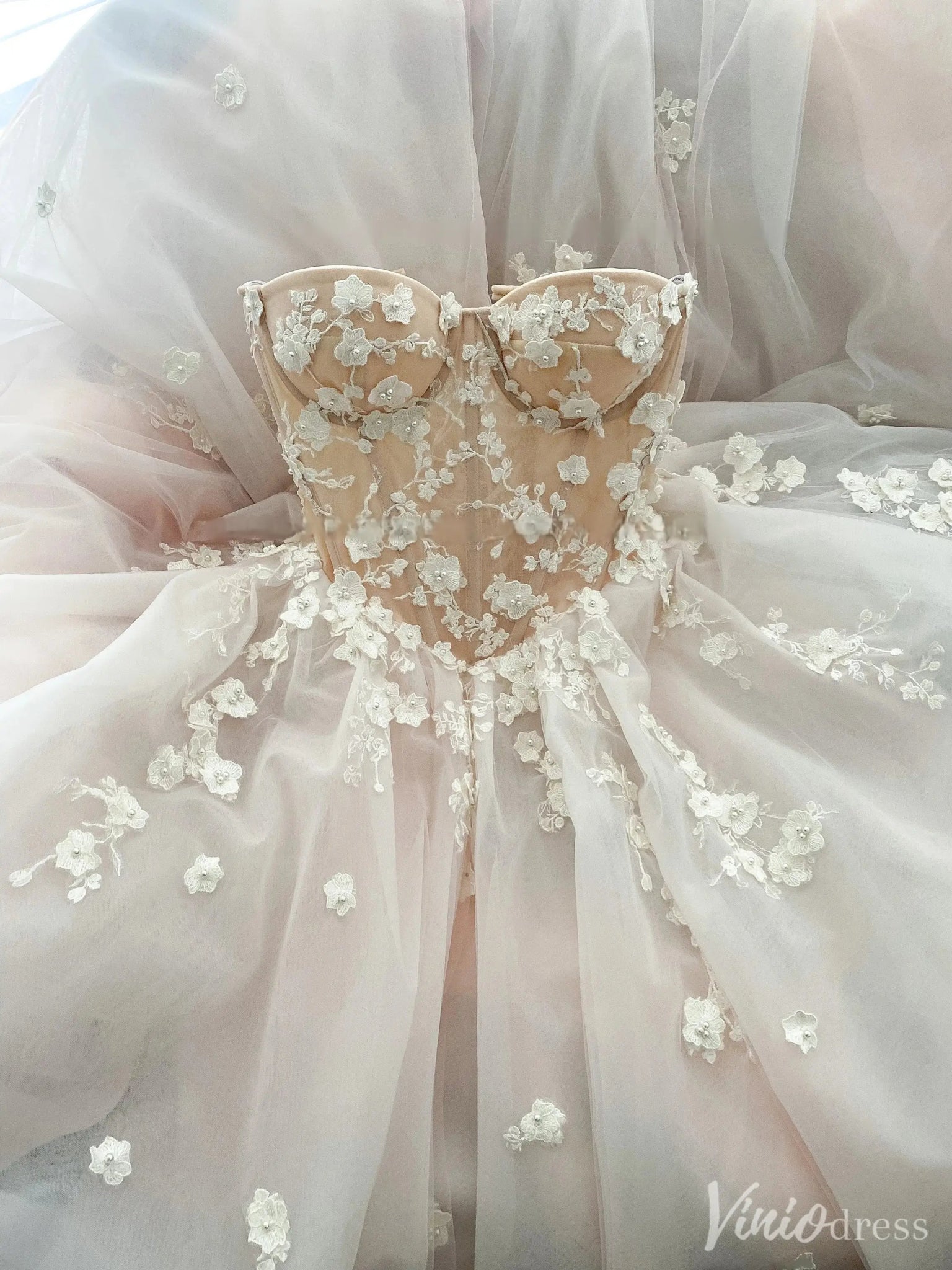 Blush 3D Floral Ball Gown with Sheer Corset Wedding Bodice – Viniodress
