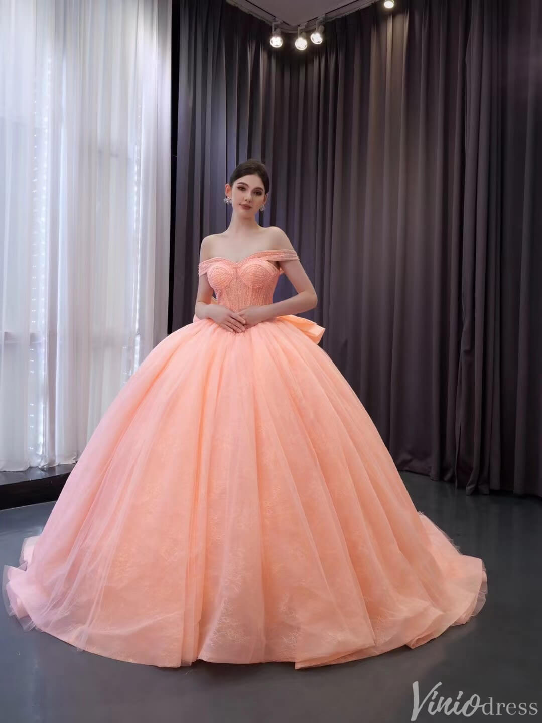 Blush Off the Shoulder Bow Wedding Gowns Lace Beaded Quinceanera Dress 241075-Quinceanera Dresses 2025 -Viniodress-Pink-Custom Size-