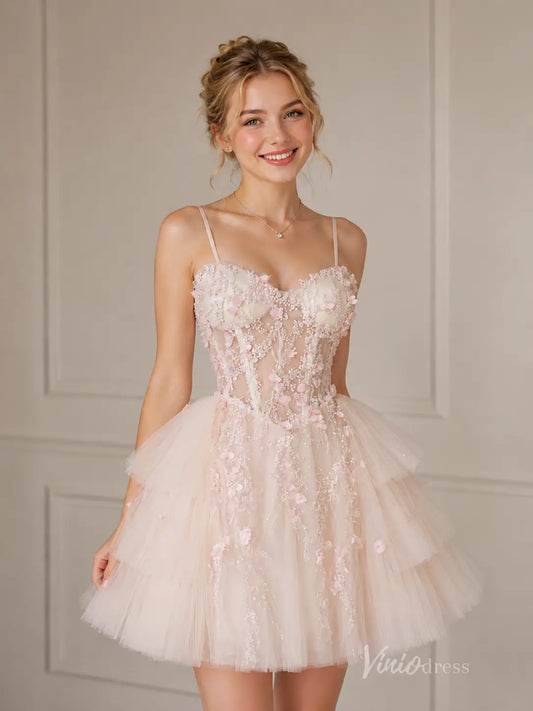 Blush Pink 3D Floral Beaded Corset Homecoming Dress with Tiered Tulle Skirt & Spaghetti Straps - BJ112-prom dresses 2026-Viniodress-Blush-US 0-