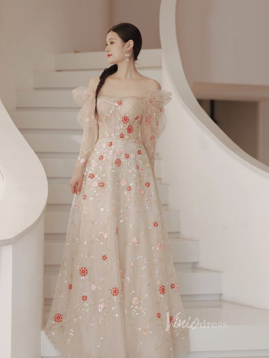 Blush Pink Beaded Floral Lace Prom Dresses Removable Sheer Long Sleeve 90064-prom dresses 2025 -Viniodress-Blush Pink-Custom Size-