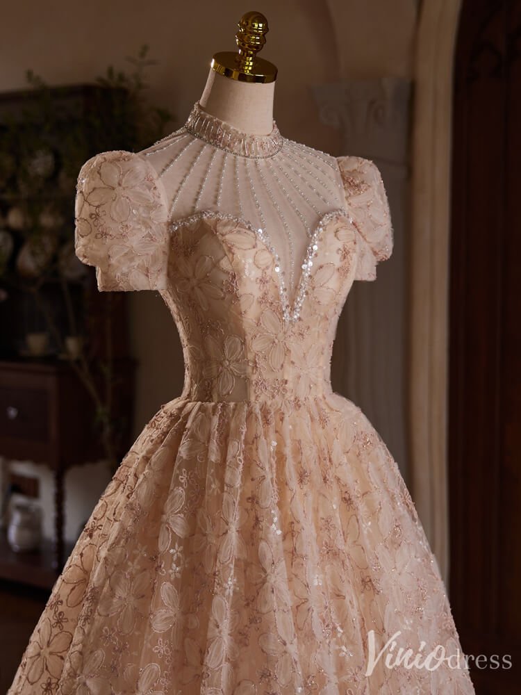 Blush Pink Floral Lace Homecoming Dresses High Neck Puffed Sleeve Tea Length Dress BJ044-prom dresses 2025 -Viniodress-Blush Pink-Custom Size-