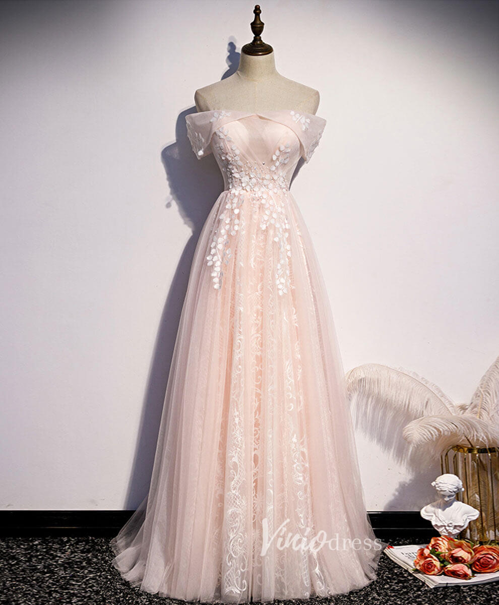 Blush Pink Lace Applique Prom Dresses Off the Shoulder Evening Dress FD3163-prom dresses 2025 -Viniodress-Blush Pink-Custom Size-