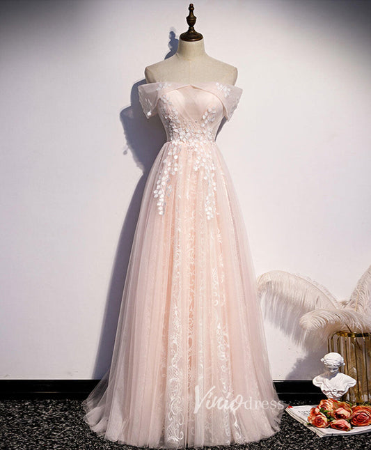 Blush Pink Lace Applique Prom Dresses Off the Shoulder Evening Dress FD3163-prom dresses 2025 -Viniodress-Blush Pink-Custom Size-