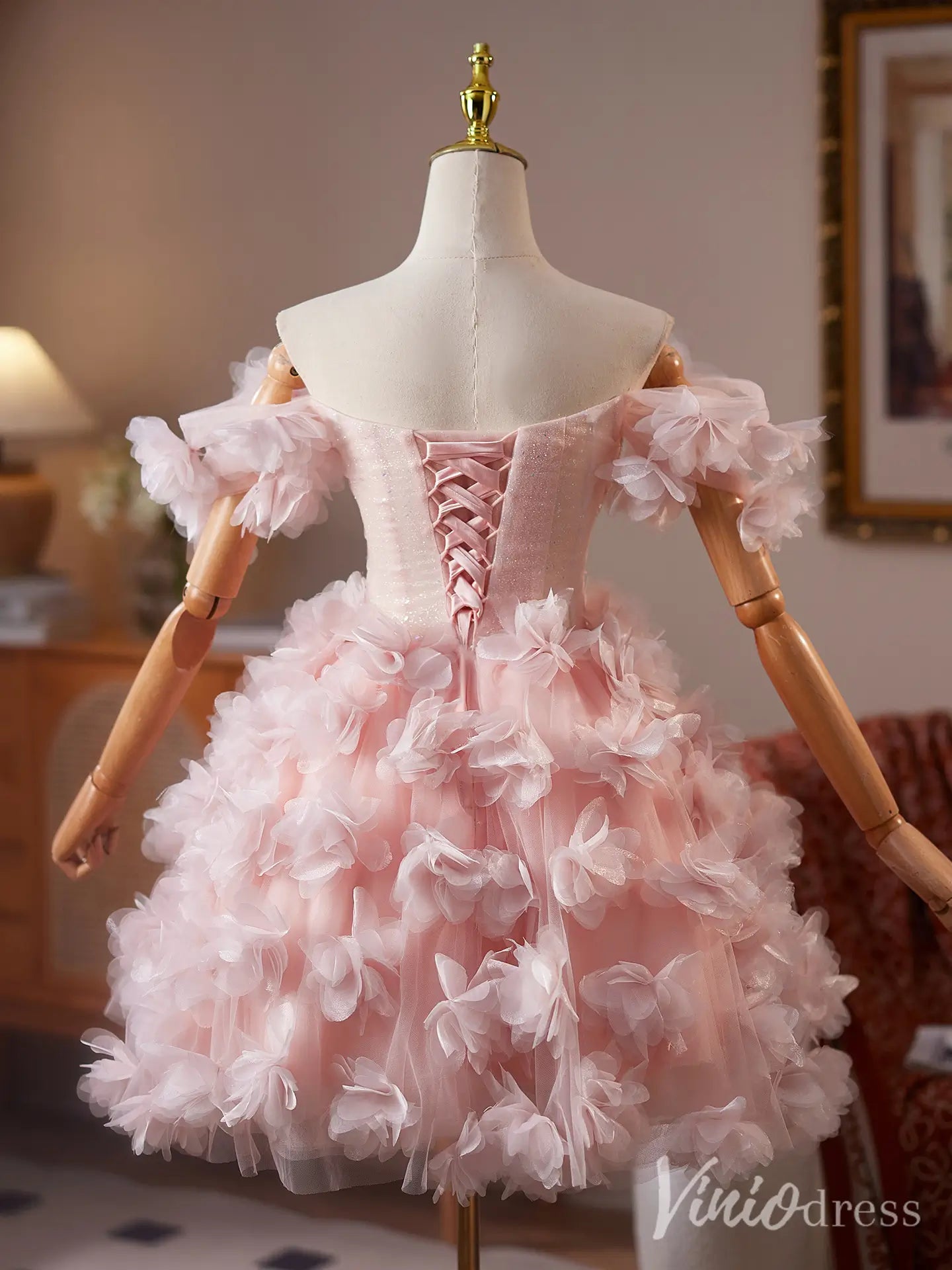 Blush Pink Off-Shoulder Homecoming Dress with Beaded Corset Bodice and 3D Floral Tulle Skirt – BJ081-Homecoming Dresses 2025 -Viniodress-Blush-Custom Size-