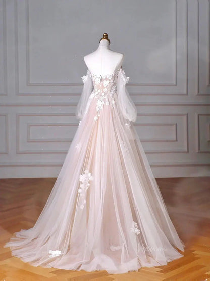 Blush Pink Off the Shoulder Lace Prom Dresses with Long Sleeve, 3D Flower & Sweetheart Neck - FD5102-prom dresses 2025 -Viniodress-Blush Pink-Custom Size-