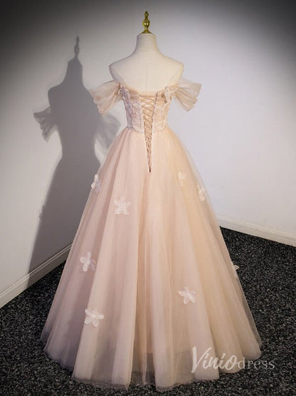 Blush Pink Off the Shoulder Prom Dresses 3D Flower Lace Applique 90045-prom dresses 2025 -Viniodress-Blush Pink-Custom Size-