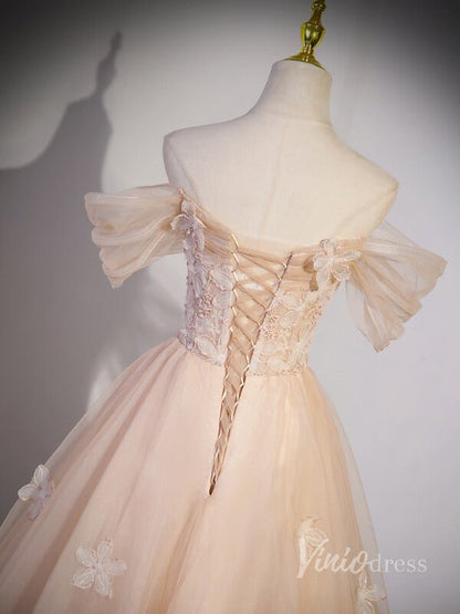 Blush Pink Off the Shoulder Prom Dresses 3D Flower Lace Applique 90045-prom dresses 2025 -Viniodress-Blush Pink-Custom Size-