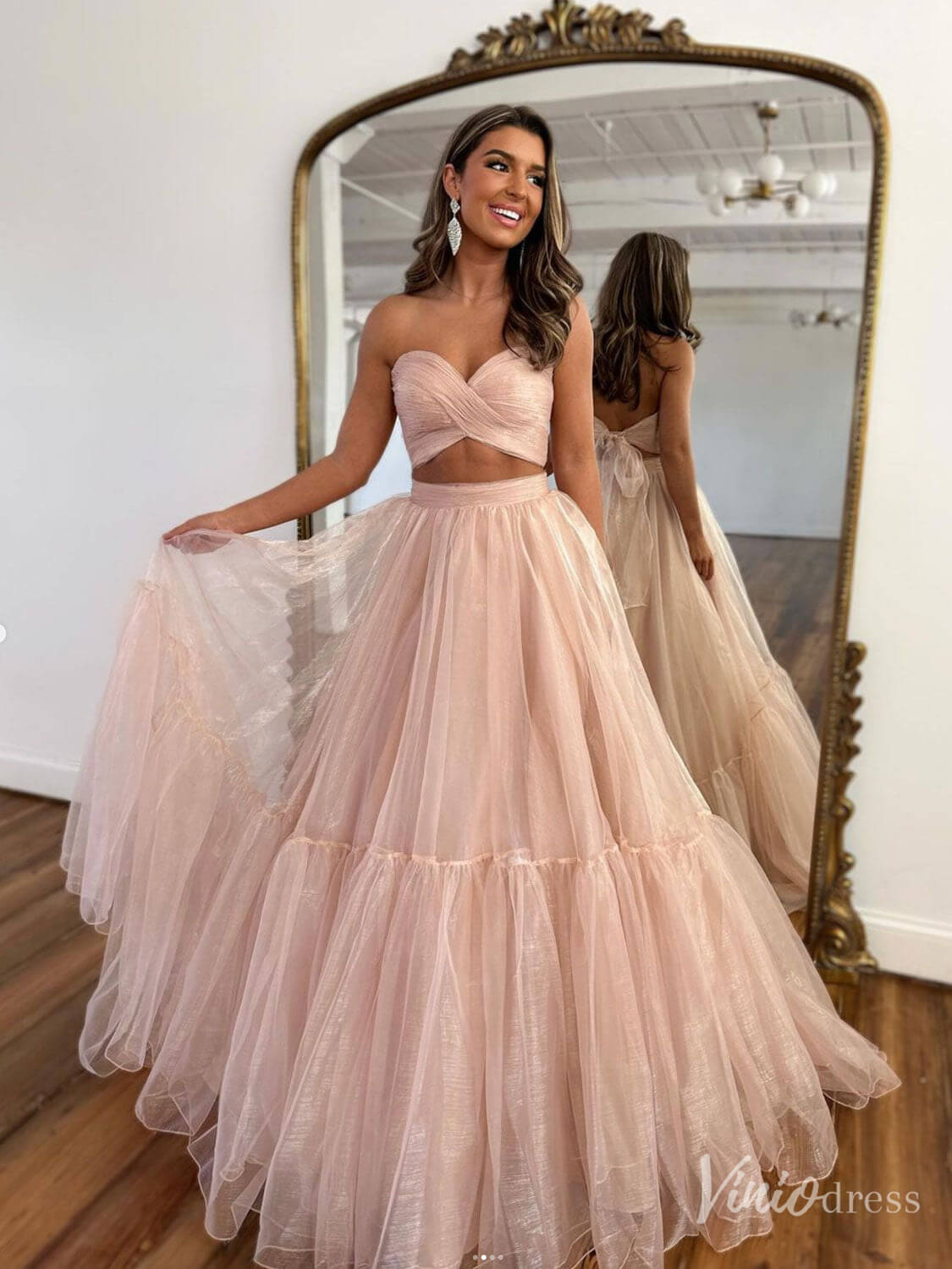 Blush Pink Organza Two Piece Prom Dresses Removable Puffed Sleeve Cros – Viniodress