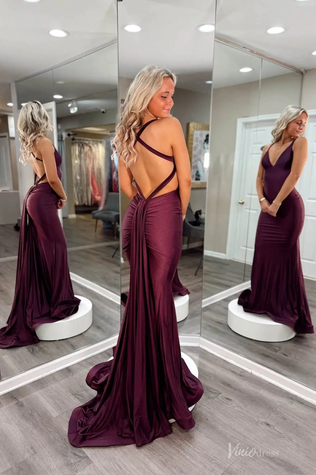 Blush Pink Plunging V-Neck Mermaid Prom Dress with Open Back & Draped Train – SS157-prom dresses 2026-Viniodress-Blush-Custom Size-
