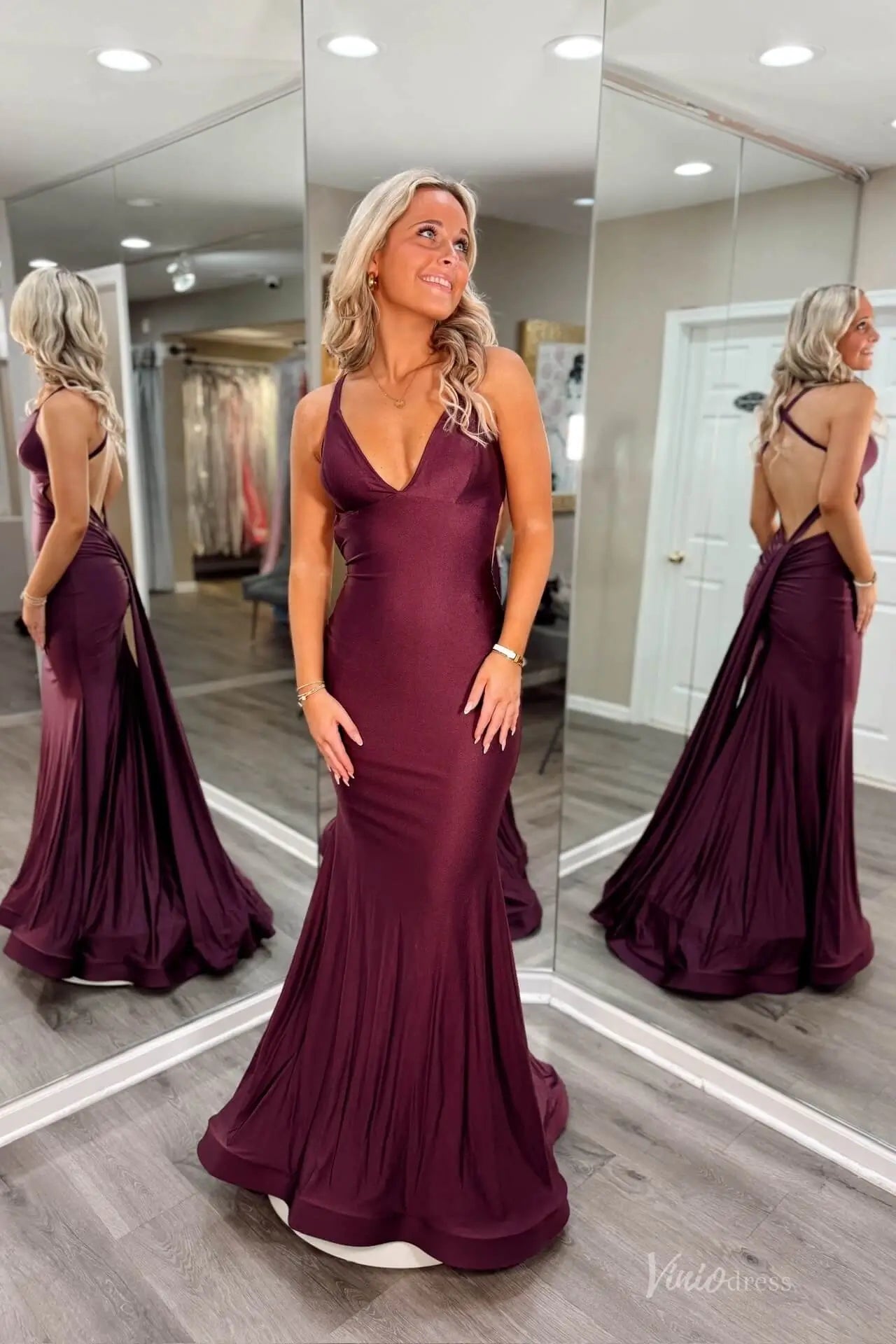 Blush Pink Plunging V-Neck Mermaid Prom Dress with Open Back & Draped Train – SS157-prom dresses 2026-Viniodress-Blush-Custom Size-