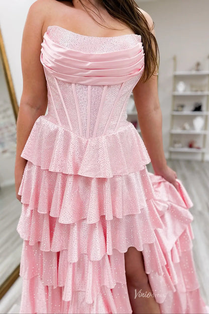 Blush Pink Strapless Ruffled Prom Dress with Corset Bodice & Slit RF400-prom dresses 2026-Viniodress-Pink-Custom Size-