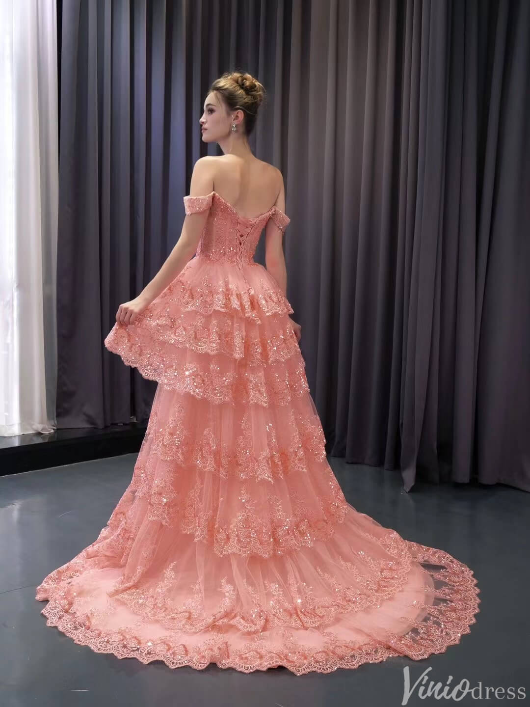 Blush Pink Tiered Ruffle Prom Dresses Off the Shoulder Evening Gowns 241094-Prom Dresses 2025 -Viniodress-Pink-Custom Size-