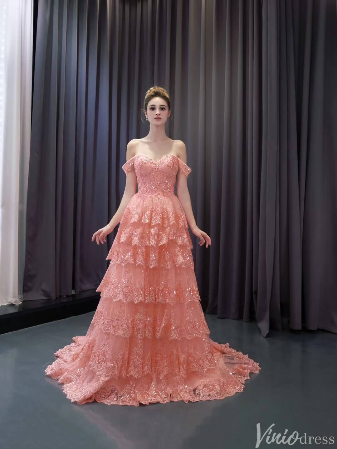 Blush Pink Tiered Ruffle Prom Dresses Off the Shoulder Evening Gowns 241094-Prom Dresses 2025 -Viniodress-Pink-Custom Size-