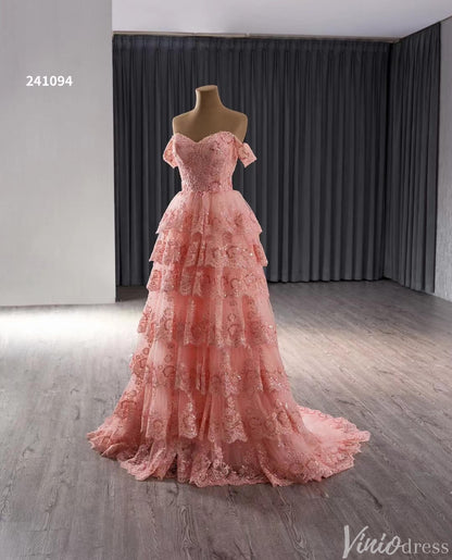 Blush Pink Tiered Ruffle Prom Dresses Off the Shoulder Evening Gowns 241094-Prom Dresses 2025 -Viniodress-Pink-Custom Size-