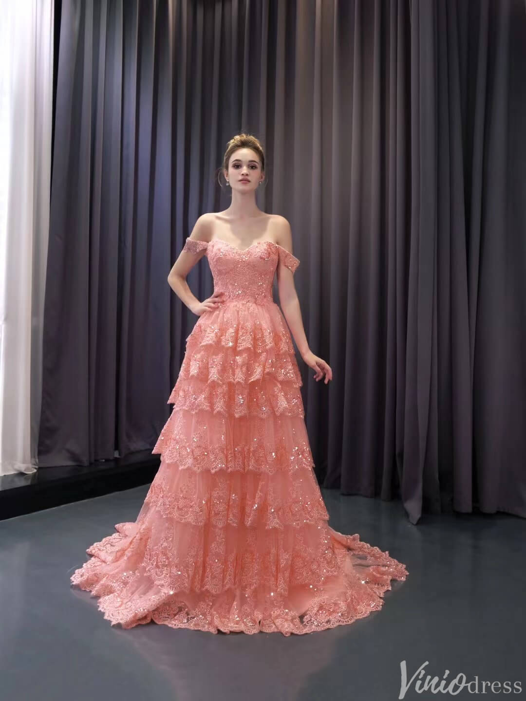Blush Pink Tiered Ruffle Prom Dresses Off the Shoulder Evening Gowns 241094-Prom Dresses 2025 -Viniodress-Pink-Custom Size-
