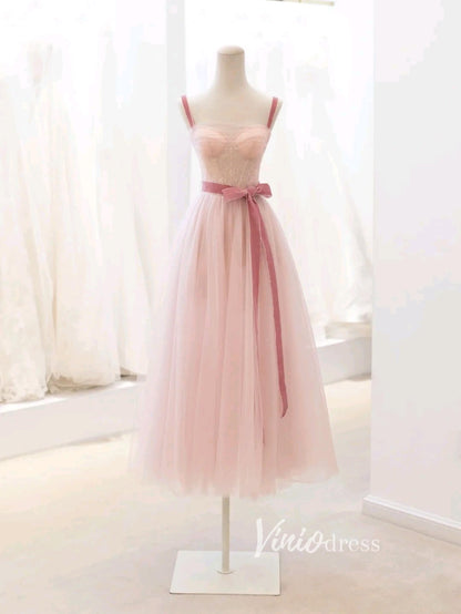 Blush Pink Tulle Prom Dresses Mid-Length Spaghetti Strap Evening Dress FD3430-prom dresses 2025 -Viniodress-Blush Pink-Custom Size-