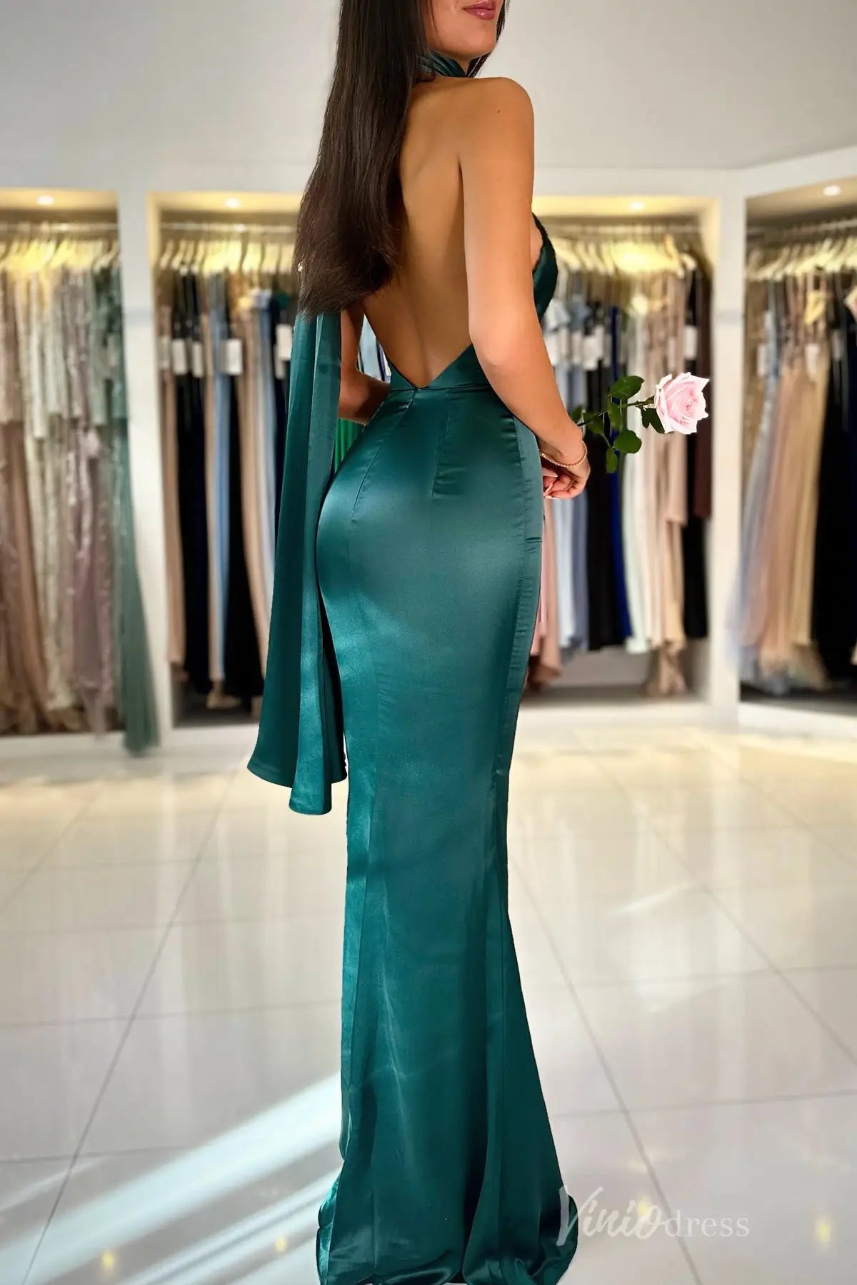 Blush Satin Mermaid Prom Dress with Halter Neck, Open Back – SS025-prom dresses 2025 -Viniodress-Blush-Custom Size-