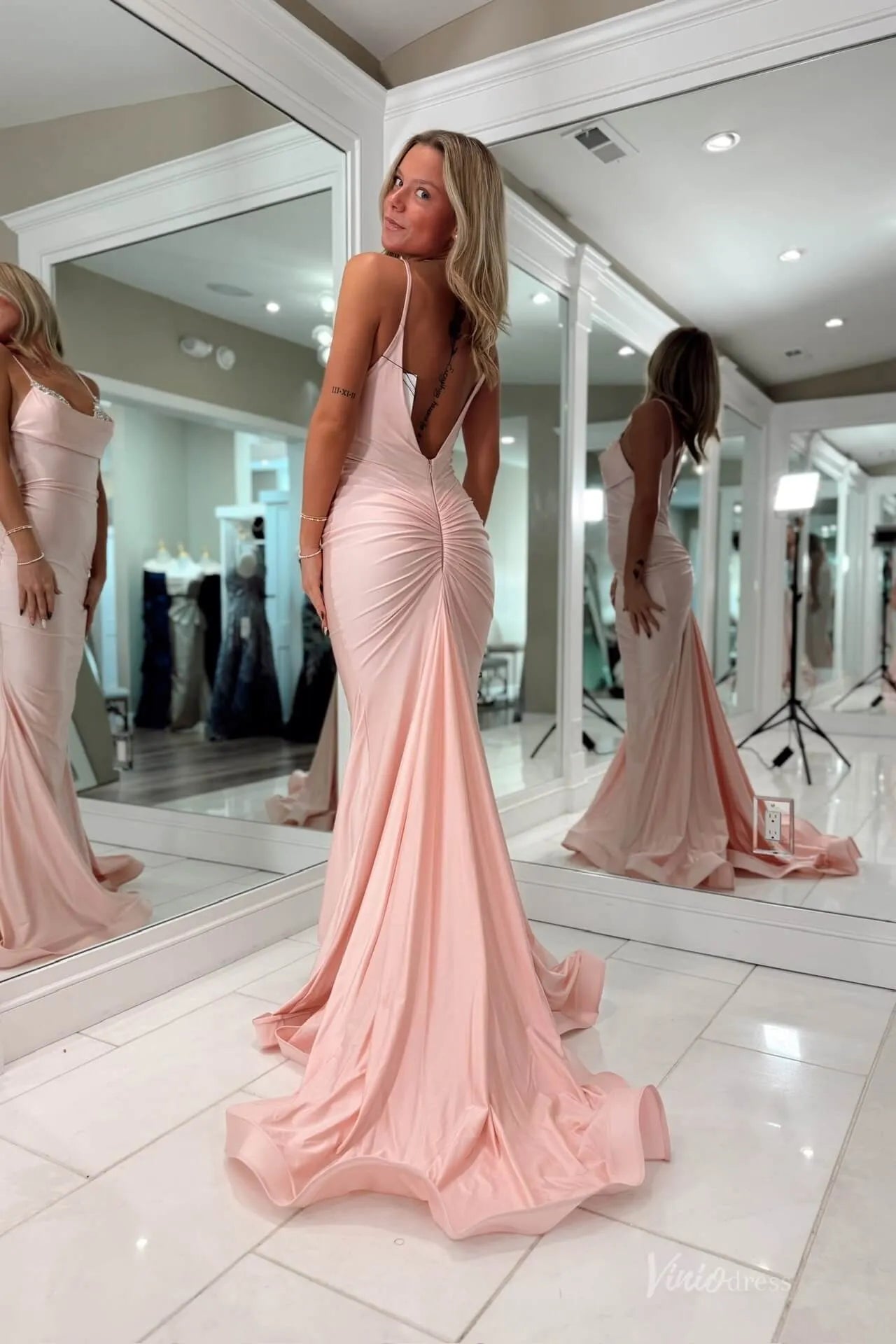 Blush Satin Mermaid Prom Dress with Spaghetti Straps, Beaded Bust & Open Back – SS143