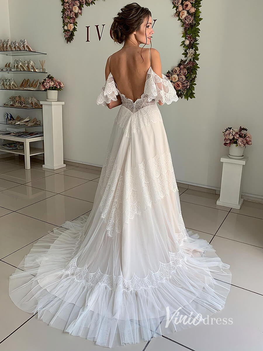 Bohemian A-Line Lacy Tulle Beach Wedding Dress Spaghetti Strap Backless Gown VW1070B-wedding dresses 2025 -Viniodress-Beige-Custom Size-