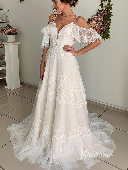Bohemian A-Line Lacy Tulle Beach Wedding Dress Spaghetti Strap Backless Gown VW1070B-wedding dresses 2025 -Viniodress-Beige-Custom Size-