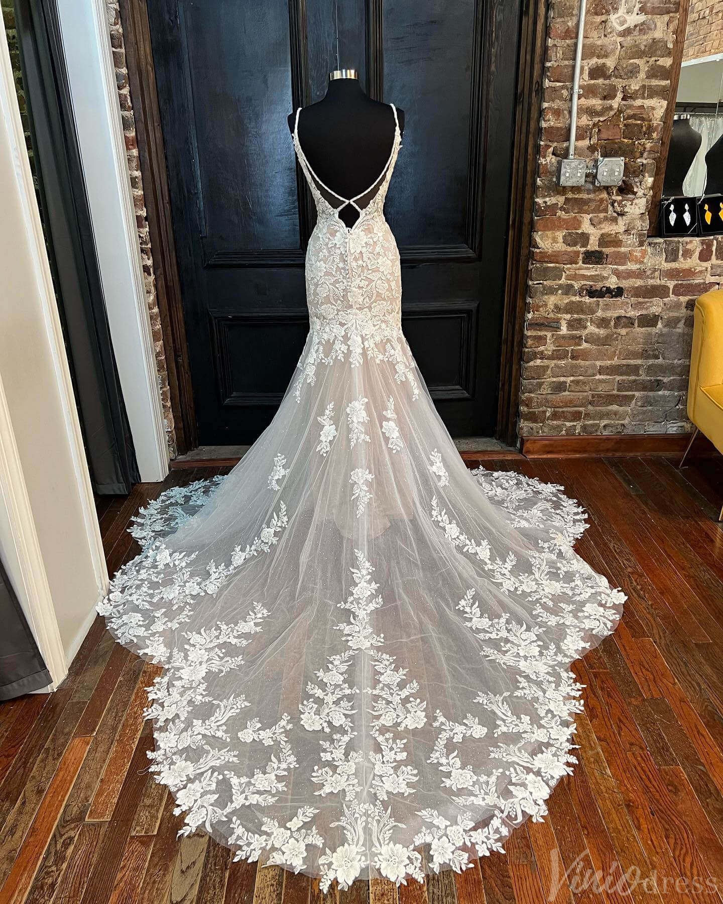 Bohemian Lace Applique Mermaid Wedding Dresses Spaghetti Strap Bridal Gown VW2160-wedding dresses 2025 -Viniodress-Ivory-Custom Size-