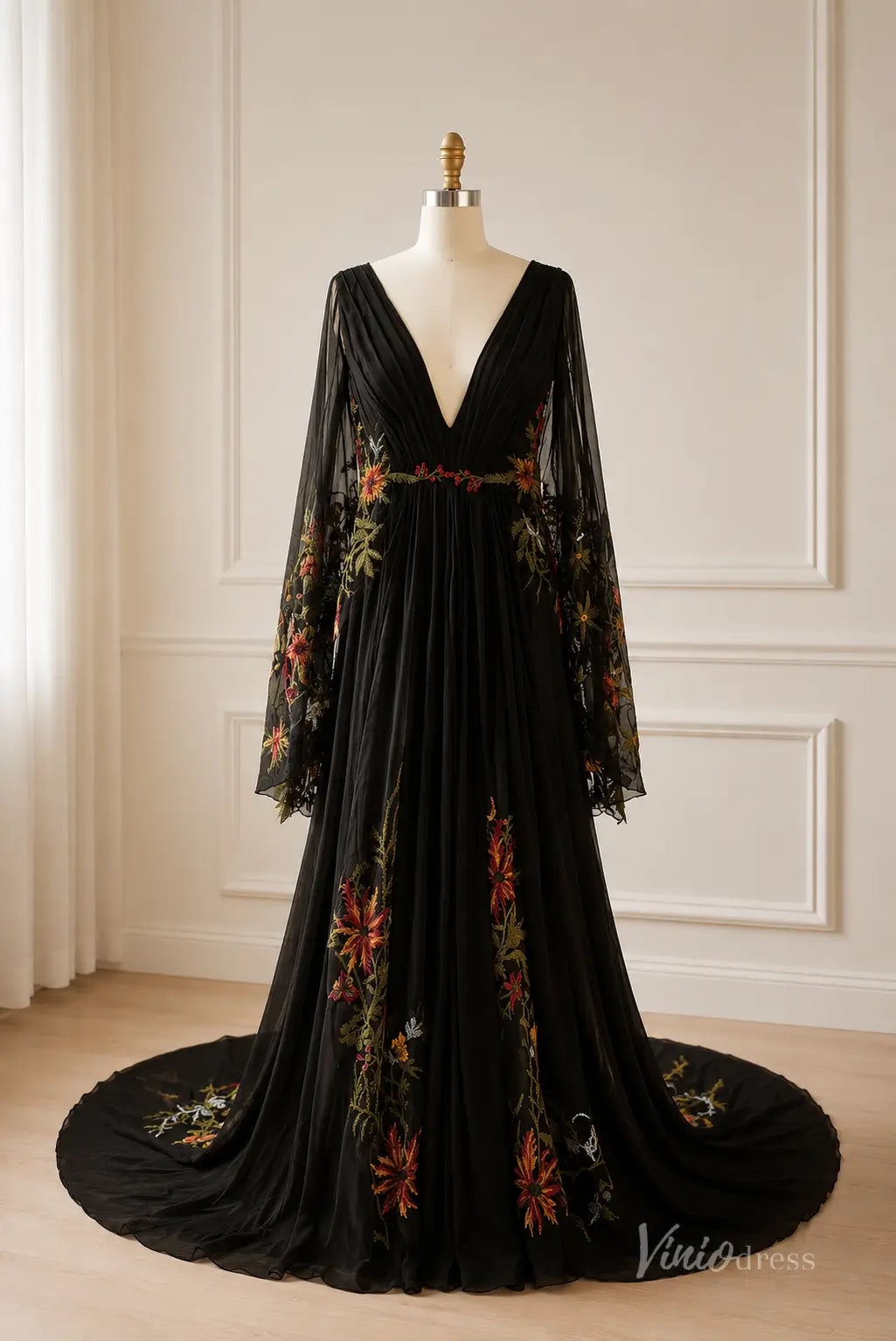 Black Floral Embroidered Wedding Dress with Bell Sleeves