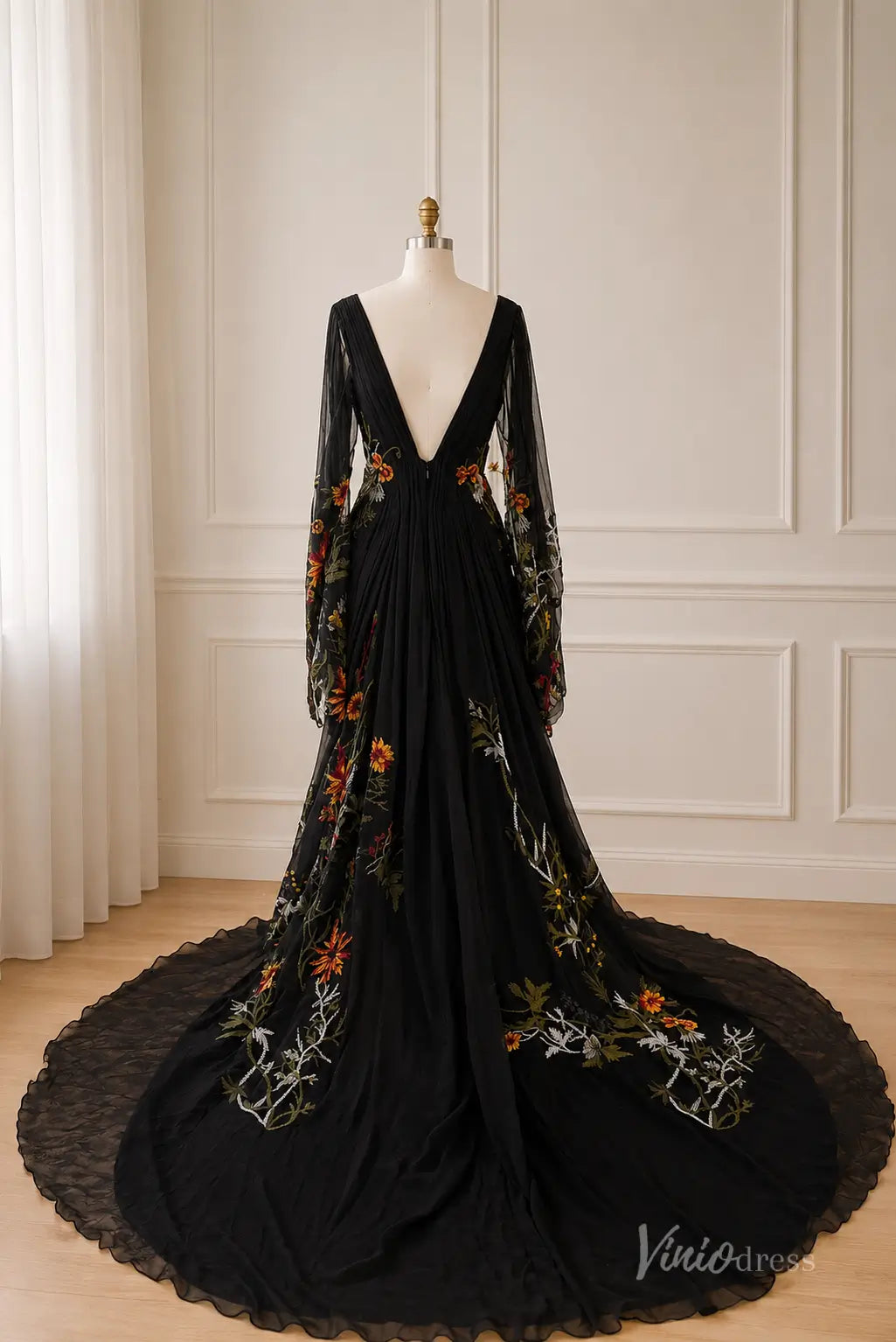 Black Floral Embroidered Wedding Dress with Bell Sleeves