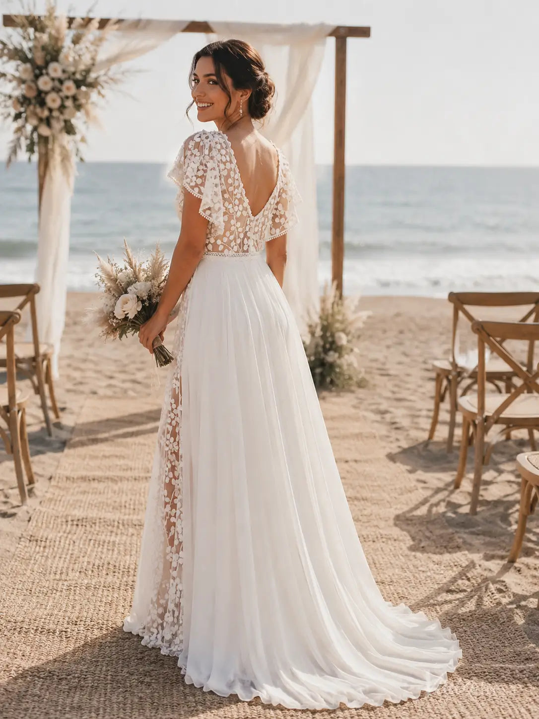 Boho Chiffon Beach Wedding Dresses with Floral Lace Bodice & Flutter Sleeves CN028