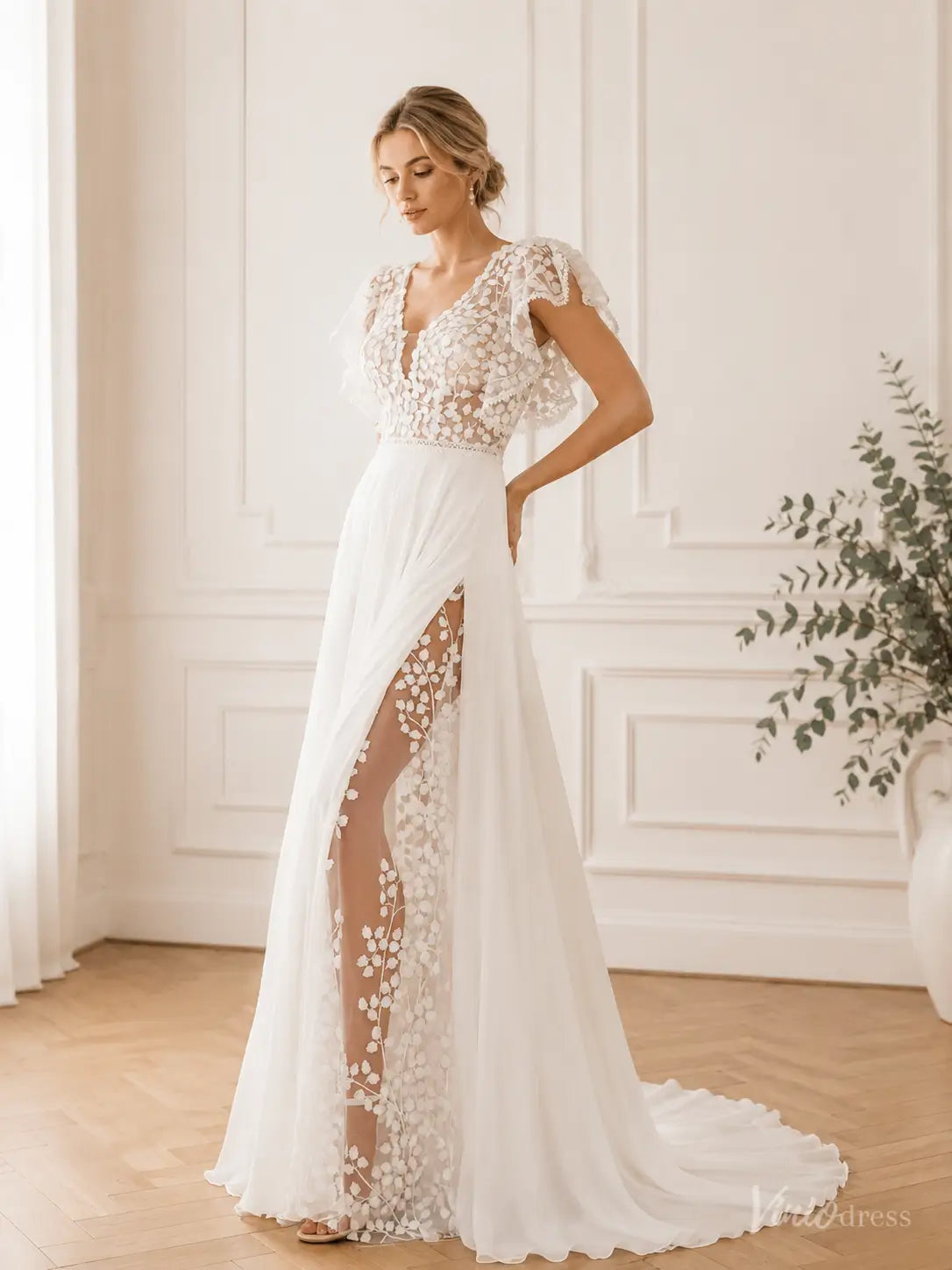 Boho Chiffon Beach Wedding Dresses with Floral Lace Bodice & Flutter Sleeves CN028