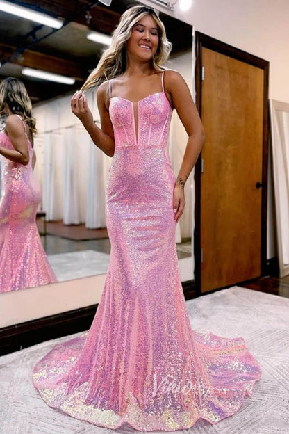 Boned Sequin Mermaid Prom Dresses Pink Spaghetti Strap Evening Dress F – Viniodress