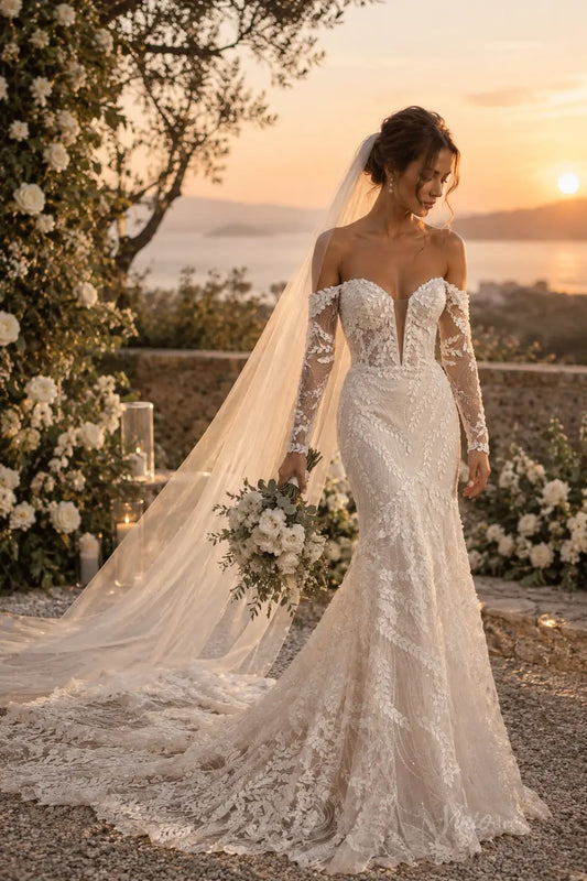 ML194 off-the-shoulder mermaid wedding dress with long lace sleeves, plunging neckline, and intricate floral embroidery.