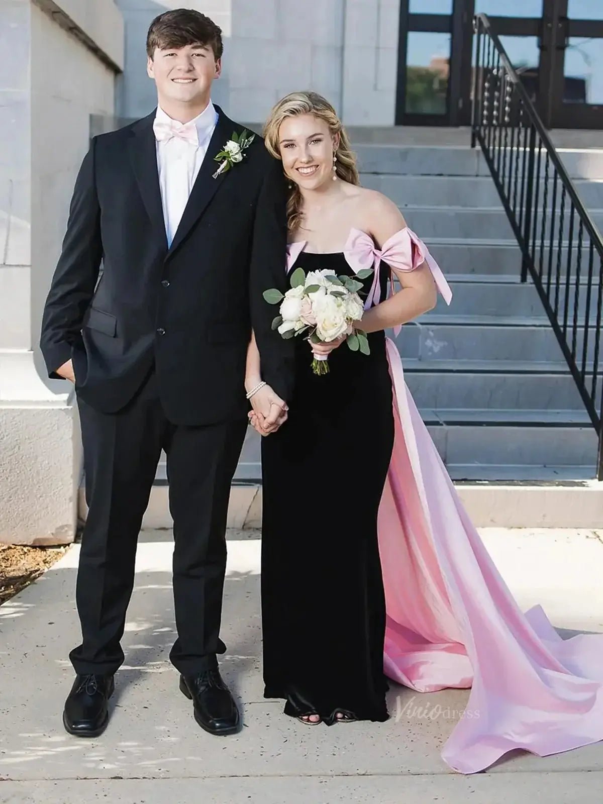 Bow-Tie Sheath Prom Dresses 2025 Velvet Bodice Satin Overskirt Formal Gown with Slit - FD5133-prom dresses 2025 -Viniodress-Pink-Custom Size-