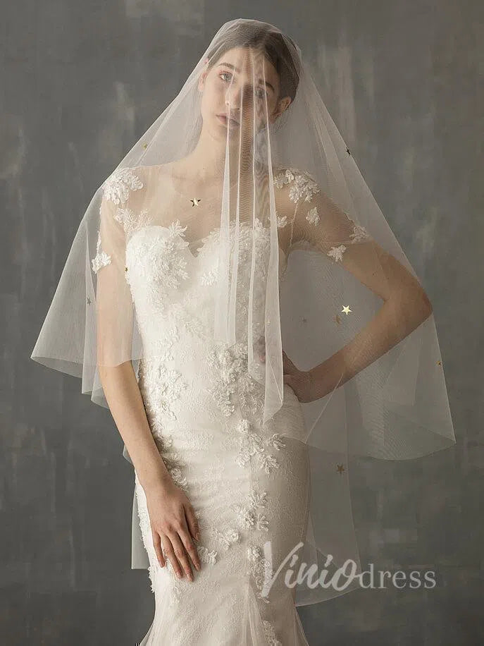 Bridal Drop Veils with Glittery Stars AC1006-Veils-Viniodress-Ivory-Viniodress