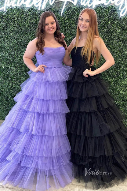 Bright Pink Tiered Prom Dress Strapless Ruffle Tulle Pageant Gown FD2855-prom dresses 2025 -Viniodress-Pink-Custom Size-