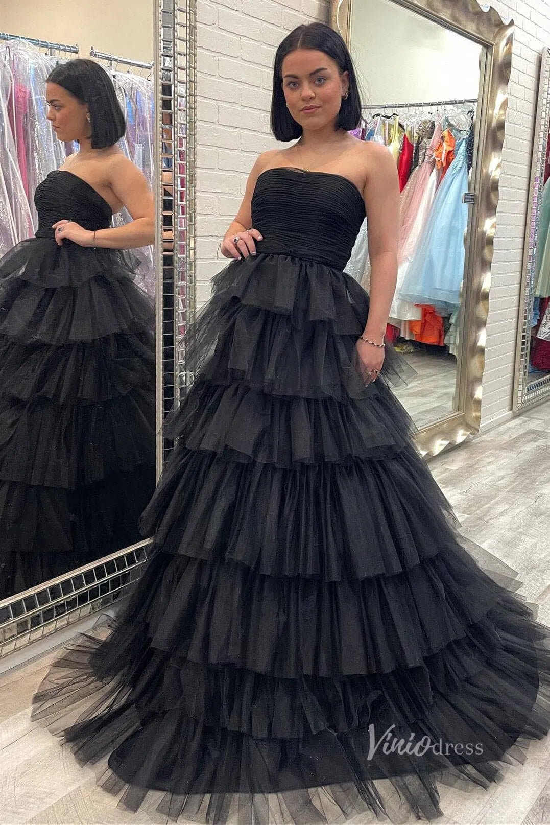 Bright Pink Tiered Prom Dress Strapless Ruffle Tulle Pageant Gown FD2855-prom dresses 2025 -Viniodress-Pink-Custom Size-