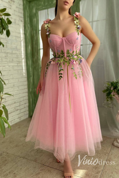 Bright Pink Tulle Prom Dress with Pockets Green Leaves Maxi Dress SD14 – Viniodress