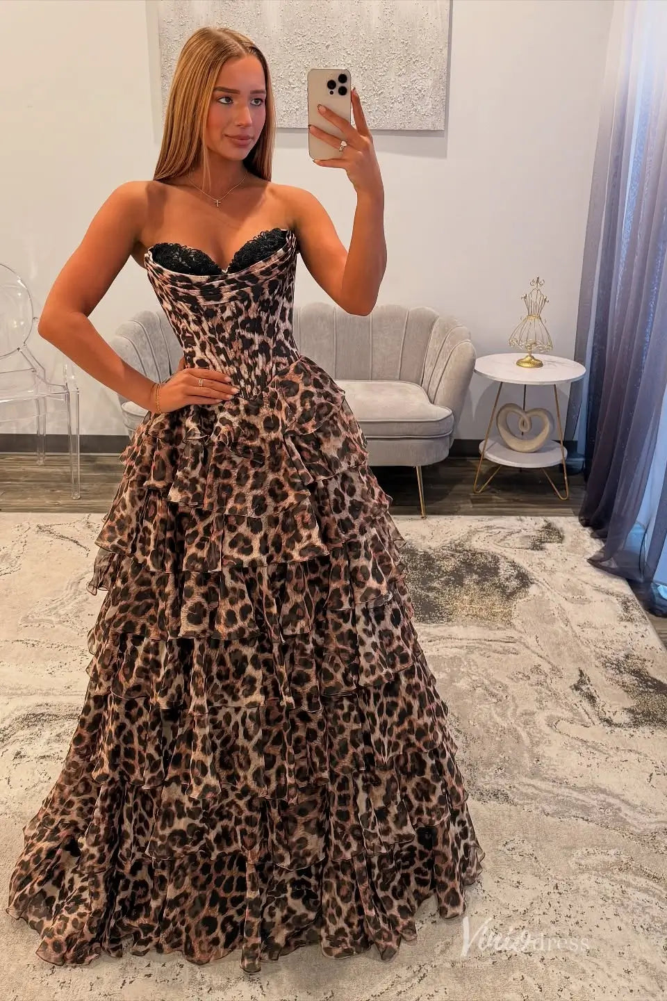 Leopard Print Strapless Prom Dress with Ruffle Skirt & High Slit – RF056 – Viniodress