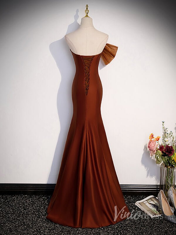 Brown Rosette Bow Satin Mermaid Prom Dresses with Tulle Removable Train 90016-prom dresses 2025 -Viniodress-Brown-Custom Size-