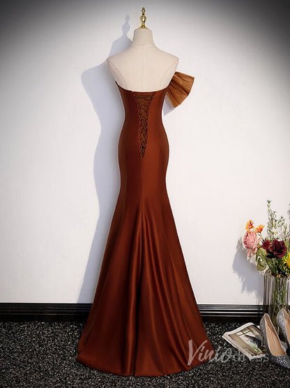 Brown Rosette Bow Satin Mermaid Prom Dresses with Tulle Removable Train 90016-prom dresses 2025 -Viniodress-Brown-Custom Size-